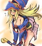  1girl bakabakasii bare_legs bare_shoulders blonde_hair blush breasts choker cleavage dark_magician_girl detached_sleeves duel_monster female green_eyes hat jewelry leaning_forward legs long_hair looking_at_viewer necklace sketch smile solo wand white_background witch_hat wizard_hat yu-gi-oh! yuu-gi-ou_duel_monsters 