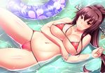  bikini breast_hold breasts brown_eyes brown_hair bukkan covered_nipples floral_print groin hair_ornament kantai_collection large_breasts light_smile long_hair looking_at_viewer micro_bikini navel partially_submerged ponytail pool red_bikini sideboob solo swimsuit underboob very_long_hair water yamato_(kantai_collection) 