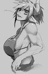  animal_ears bad_deviantart_id bad_id bikini_top breasts cathyl cow_ears cow_girl cow_horns greyscale horns large_breasts monochrome monster_musume_no_iru_nichijou mouth_hold muscle muscular_female overalls short_hair sideboob straw_(stalk) upper_body whistle_frog 