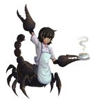  :d apron arm_up black_eyes black_hair bowl claws cyzir_visheen dark_skin food highres monster_girl open_mouth original scar scorpion_girl short_hair simple_background smile solo steam tray white_background 
