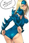  adjusting_clothes adjusting_leotard arm_warmers armor ass blonde_hair blue_eyes blue_legwear blue_leotard boots breasts comic commentary cowboy_shot embarrassed forehead_protector from_side half-closed_eyes hands highres iggler large_breasts leaning_forward leotard looking_at_viewer looking_back mizuki_(punisher) ninja parted_lips pauldrons punisher_(capcom) raised_eyebrows sideboob solo speech_bubble spikes the_punisher thigh_boots thighhighs translated transparent_background vambraces 