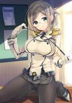  ariko_youichi breasts epaulettes glasses gloves green_eyes kantai_collection katori_(kantai_collection) large_breasts looking_at_viewer microskirt military military_uniform necktie panties panties_under_pantyhose pantyhose riding_crop skirt smile solo underwear uniform window 
