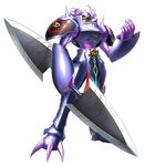  claiomh_solais_(digimon) craniummon digimon digimon_story:_cyber_sleuth dot_pupils full_armor gauntlets loincloth monster no_humans official_art polearm purple_armor purple_hair red_eyes shoulder_pads shoulder_spikes simple_background skull spear spikes weapon white_background yasuda_suzuhito 