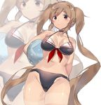 adapted_costume arm_behind_back arms_behind_back ball bare_arms bare_legs bare_shoulders beachball bikini black_bikini blush breasts brown_eyes brown_hair choker cowboy_shot from_below front-tie_top heigani kantai_collection large_breasts light_brown_hair long_hair looking_at_viewer looking_down murasame_(kantai_collection) solo swimsuit twintails very_long_hair zoom_layer 