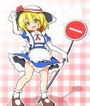  :d adjusting_clothes adjusting_hat blonde_hair blush bobby_socks dress elbow_gloves full_body gloves hat kana_anaberal legs maid mary_janes open_mouth road_sign senba_chidori shoes short_hair sign smile socks solo sun_hat touhou touhou_(pc-98) white_gloves yellow_eyes 