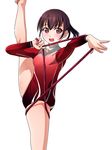  bangs bare_legs black_hair blush breasts brown_eyes eyebrows_visible_through_hair gymnast_leotard gymnastics holding_rope leg_lift leotard long_sleeves looking_at_viewer matsunaga_kouyou original outstretched_arm ponytail red_leotard rhythmic_gymnastics rope shiny shiny_skin short_hair simple_background small_breasts solo split standing standing_on_one_leg standing_split white_background 