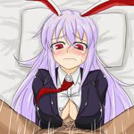  1girl animal_ears bed blush breasts bunny_ears button_gap cleavage hetero large_breasts long_hair looking_at_viewer paizuri paizuri_under_clothes penis pubic_hair purple_hair red_eyes reisen_udongein_inaba sweat sweatdrop touhou wavy_mouth 