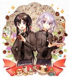  ahoge artist_name black_hair black_neckwear black_tea cow cup english food honebami_toushirou ice_cream ice_cream_cone licking_lips long_hair male_focus milk_carton multiple_boys namazuo_toushirou namie-kun necktie open_mouth purple_eyes single_scoop sparkle tea teacup teapot tongue tongue_out touken_ranbu tray wafer_stick 