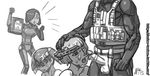  3girls after_fellatio cum cum_on_hair facial greyscale hal_emmerich hand_on_another's_head head_out_of_frame hetero load_bearing_vest metal_gear_(series) metal_gear_mk._ii metal_gear_ray metal_gear_rex metal_gear_solid_4 monochrome multiple_girls noise_tanker old_snake open_mouth penis personification sneaking_suit solid_snake testicles uncensored 