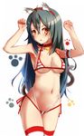  animal_ears arm_garter bad_id bad_pixiv_id bell bikini black_hair blush breasts cat_ears cat_tail collar gin00 hairband haruna_(kantai_collection) highres kantai_collection kemonomimi_mode long_hair looking_at_viewer medium_breasts solo swimsuit tail thighhighs white_background yellow_eyes 