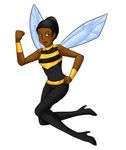  1girl bee_costume belt black_hair brown_eyes bumble_bee dark_skin dc_comics flying hand_on_hip high_heels insect_wings karen_beecher simple_background sleeveless solo vambraces wings 