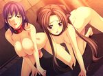  2girls all_fours areolae ass bdsm blue_hair blush breast_squeeze breasts brown_hair collar feet game_cg highres huge_breasts ichikawa_noa legs long_hair looking_at_viewer multiple_girls nipples nude open_mouth oyako_saiin_chiiku:_konna_ore_ni_uzuite_modaero! pet_play purple_eyes red_eyes short_hair slave small_breasts sweat thighs toes twintails 