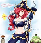  bound breasts cleavage gangplank gun hat large_breasts league_of_legends long_hair midriff navel red_hair sarah_fortune tahm_kench tied_up top_hat vilde_loh_hocen weapon 