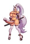  animal_humanoid big_breasts breast_grab breasts canine clothing dickgirl erection hair huge_breasts humanoid intersex kruth666 legwear mammal melee_weapon nipple_slip nipples penis simple_background sword thick_thighs thigh_highs weapon white_hair wide_hips wolf wolf_humanoid wolf_tail 