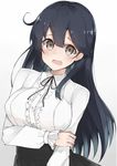  alternate_costume arm_grab black_hair black_skirt blouse breasts cole commentary_request frills hair_between_eyes kantai_collection large_breasts light_brown_eyes long_hair long_sleeves looking_at_viewer meme_attire open_mouth simple_background skirt solo ushio_(kantai_collection) virgin_killer_outfit white_blouse 