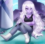 amethyst amethyst_(steven_universe) boots commentary_request crossed_arms gem highres purple_eyes purple_skin racoon-kun solo steven_universe tank_top white_hair 