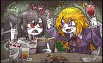  2girls black_hair blonde_hair blouse blush book cup drinking_glass eating food food_on_face hair_ribbon headwear_removed long_hair long_sleeves maribel_hearn multiple_girls napkin no_hat no_headwear ponytail purple_eyes red_eyes red_wine ribbon short_hair squiggle suenari_(peace) touhou usami_renko wine_glass 