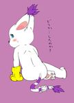  anthro blush clothing digimon digital_media_(artwork) ear_tuft feline female fur gatomon gloves japanese_text looking_at_viewer looking_back mammal nude pawpads rear_view sitting solo text translation_request tuft whiskers ーリミッター 