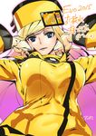  :3 ashiomi_masato belt blonde_hair blue_eyes breasts commentary_request dress emoticon evolution_championship_series fingerless_gloves fur_trim gloves guilty_gear guilty_gear_xrd hands_in_hair hat large_breasts long_hair long_sleeves looking_at_viewer millia_rage open_mouth solo translation_request white_gloves yellow_dress 