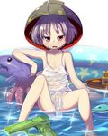  blush bowl bowl_hat flat_chest hat highres inflatable_toy looking_at_viewer minigirl one-piece_swimsuit open_mouth oversized_clothes purple_hair raised_eyebrow red_eyes shope short_hair sitting solo sukuna_shinmyoumaru swimsuit touhou toy_boat wading_pool water water_gun 