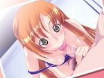  1boy 1girl breasts breasts_outside censored code_geass female hetero iroiro long_hair masturbation nipples one-piece_swimsuit oral penis pov shiny_skin shirley_fenette solo_focus swimsuit testicles topless 
