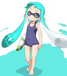  aqua_hair barefoot blue_eyes blush commentary_request domino_mask full_body highres inkling long_hair looking_at_viewer mask one-piece_swimsuit paint paint_splatter pointy_ears school_swimsuit smile solo splatoon_(series) splatoon_1 splattershot_(splatoon) super_soaker swimsuit tentacle_hair white_background yakihebi 