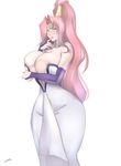  1girl blush breast_hold breasts bridal_gauntlets bursting_breasts cleavage curvy dress finger_to_mouth gensou_suikoden gensou_suikoden_v green_eyes high_ponytail huge_breasts jeane lips long_hair looking_at_viewer necklace pink_hair ponytail simple_background skindentation solo standing suikoden_v white_background wide_hips zetarok 