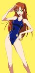  1girl bare_legs breasts brown_hair code_geass competition_swimsuit female hand_on_hip highres long_hair onaya_masakazu one-piece_swimsuit pose salute shirley_fenette simple_background smile solo swimsuit yellow_eyes 