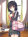  bag black_hair book glasses highres looking_at_viewer momoiro_taisen_pairon original plaid plaid_skirt red_eyes semi-rimless_eyewear short_hair skirt smile solo yuuri_nayuta 