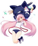  animal_hat baton buruma cat_hat clothes_writing full_body gym_uniform hat heart jumping labyrinth_bind long_hair looking_at_viewer migumigu name_tag open_mouth pink_hair ribbon smile solo tachi-e twintails very_long_hair 