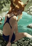  back back_cutout commentary_request fang horns ibuki_suika looking_at_viewer looking_back nishiuri one-piece_swimsuit open_mouth orange_hair partially_submerged pointy_ears red_eyes sitting slit_pupils smile solo swimsuit touhou tree_shade water wet 