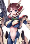  bad_id bad_pixiv_id blue_eyes blush breasts brown_hair gun headgear large_breasts looking_at_viewer macross macross_plus mecha_musume midriff navel open_mouth personification rifle short_hair skin_tight smile solo vuccha weapon white_background yf-19 