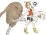  2015 ambiguous_gender clothed clothing crotch_kick cunt_punt duo female hitmonlee human internal kick mammal may_(pok&eacute;mon) nintendo ovaries pain pok&eacute;mon shocked simple_background size_difference skull smaller_female tears video_games what むだだむだ 