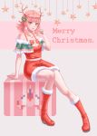  1girl absurdres antlers bare_shoulders boots box breasts christmas christmas_dress cleavage collarbone commentary_request danganronpa danganronpa_3 dress eyebrows_visible_through_hair hair_ornament hair_ribbon highres looking_at_viewer medium_breasts merry_christmas mopsial nanami_chiaki open_eyes open_mouth pink pink_background pink_eyes pink_hair pointing pointing_at_self red_dress red_footwear red_ribbon reindeer_antlers ribbon rocket_ship sitting snowman solo space_craft star super_danganronpa_2 