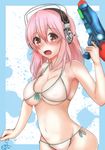 bad_id bad_pixiv_id bikini blush breasts buntan_ninuri cleavage commentary_request headphones highres large_breasts long_hair looking_at_viewer navel nitroplus open_mouth pink_eyes pink_hair solo super_sonico swimsuit water_gun 