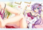  :p bare_shoulders barefoot bed bow bow_bra bow_panties bra breasts candy cleavage dutch_angle food green_eyes hanasaki_work_spring highres kuon_ayano large_breasts lingerie lollipop long_sleeves off_shoulder open_clothes open_shirt panties panties_around_one_leg plant potted_plant purple_bra purple_hair purple_panties shirt sitting soles stuffed_animal stuffed_sheep stuffed_toy thighs tongue tongue_out toranosuke underwear white_shirt 
