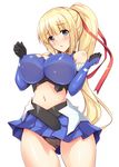  ass_visible_through_thighs bare_shoulders black_panties blonde_hair blue_eyes blush breasts commentary_request covered_nipples elbow_gloves gloves hair_ribbon highres large_breasts limalisha long_hair looking_at_viewer madan_no_ou_to_vanadis midriff navel panties pantyshot ponytail ribbon skirt solo sweat thighs underwear w_arms white_background yuu_(yumezakura) 