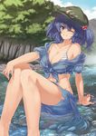  ;) arm_support bad_id bad_pixiv_id barefoot bikini blue_bikini blue_eyes blue_hair blush breasts cleavage foliage grin hair_bobbles hair_ornament hat ibuki_notsu kawashiro_nitori large_breasts legs looking_at_viewer off_shoulder one_eye_closed river short_hair sitting smile solo swimsuit swimsuit_under_clothes touhou tree two_side_up water 