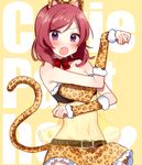  animal_ears animal_print arm_warmers bare_shoulders blush commentary_request fang leopard_ears leopard_print leopard_tail looking_at_viewer love_live! love_live!_school_idol_project manio navel nishikino_maki open_mouth purple_eyes red_hair see-through short_hair skirt solo tail 