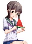  ame. blue_skirt brown_hair commentary_request food fruit fubuki_(kantai_collection) kantai_collection low_ponytail open_mouth pleated_skirt ponytail school_uniform serafuku short_hair short_sleeves simple_background skirt solo watermelon white_background 