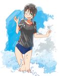  ;d alternate_costume brown_hair cloud cloudy_sky dated day fubuki_(kantai_collection) green_eyes kantai_collection kusakabe_(kusakabeworks) one_eye_closed open_mouth sky smile solo splashing summer swimsuit swimsuit_under_clothes twitter_username wading wet wet_clothes wet_hair 