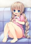  :d asa_no_ha barefoot blonde_hair blue_eyes blush braid convenient_leg couch feet_on_chair hair_over_shoulder highres long_hair looking_at_viewer memi_(asa_no_ha) open_mouth original sitting sketch smile solo steepled_fingers twin_braids 