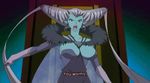  1girl angry animated animated_gif bouncing_breasts breasts dress drill_hair earrings eye_shadow jewelry jiggle large_breasts lingerie_senshi_papillon_rose long_gloves long_hair pipe pointy_ears red_eyes regina_apis_(lingerie_senshi_papillon_rose) shouting subtitled throne wings yelling 