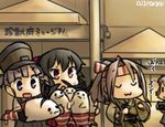  :3 :d :o aoba_(kantai_collection) arm_warmers black_hair camera camouflage closed_eyes evening hachimaki hamu_koutarou hat headband high_ponytail japanese_clothes kantai_collection light_brown_hair long_hair multiple_girls muneate ooshio_(kantai_collection) open_mouth pink_hair ponytail purple_eyes purple_hair red_eyes school_uniform scrunchie serafuku shimakaze_(kantai_collection) shimakaze_(seal) shirt short_hair short_sleeves short_twintails skirt smile solid_oval_eyes suspender_skirt suspenders sweat twintails white_shirt yahagi_(kantai_collection) zui_zui_dance zuihou_(kantai_collection) 