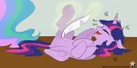  2015 absurd_res bri-sta duo equine eyes_closed feathers female friendship_is_magic fur hair hi_res horn laugh mammal multicolored_hair my_little_pony open_mouth princess_celestia_(mlp) purple_fur purple_hair solo_focus tickling tongue twilight_sparkle_(mlp) winged_unicorn wings wodahseht 