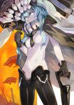  blue_eyes blue_hair bodysuit breasts cane cape chromatic_aberration clenched_hand cowboy_shot gloves hat headgear kantai_collection long_hair looking_away looking_to_the_side pale_skin rano shinkaisei-kan sideways_glance small_breasts solo standing tentacles wo-class_aircraft_carrier 