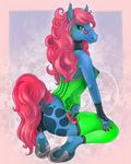  anthro breasts clothing corset equine eyewear female glasses hair hooves invalid_tag kneeling lace legwear lingerie lip_stick long_hair looking_at_viewer mammal nipples painted_nails paw_marks pink_hair raised raised_ears smile solo stockings tattoo wildfire_zhora wildfirezhora 