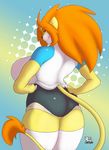  2015 anthro big_breasts breasts butt clothing feline female huge_breasts lion lionalliance looking_at_viewer looking_back mammal smile solo tight_clothing 