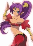  1girl armlet blue_eyes breasts cleavage dark_skin earrings female hair_ornament harem_pants jewelry long_hair looking_at_viewer pants pointy_ears ponytail purple_hair shantae shantae_(character) simple_background smile solo very_long_hair 