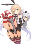  amatsukaze_(kantai_collection) anchor_hair_ornament ass back-to-back black_panties blonde_hair boots bow brown_hair commentary_request elbow_gloves garter_straps gloves green_eyes hair_between_eyes hair_bow hair_ornament hairband hat kantai_collection knees_together_feet_apart legs_up locked_arms long_hair looking_at_viewer looking_back mini_hat minono_aki multiple_girls open_mouth panties sailor_collar shimakaze_(kantai_collection) silver_hair striped striped_legwear thighhighs two_side_up underwear very_long_hair waifu2x white_gloves 